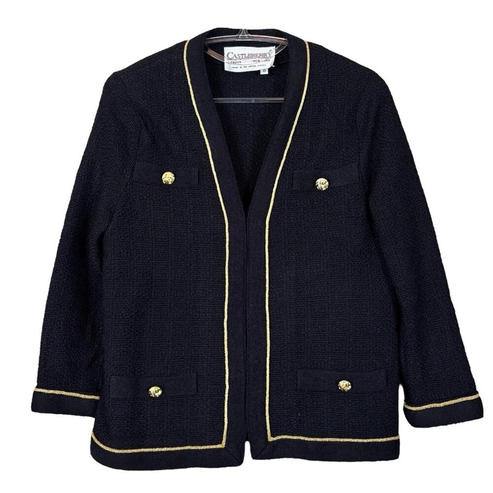 Vtg Castleberry Knit Open Front Cardigan Sweater Jacket Black Gold Trim Size 8